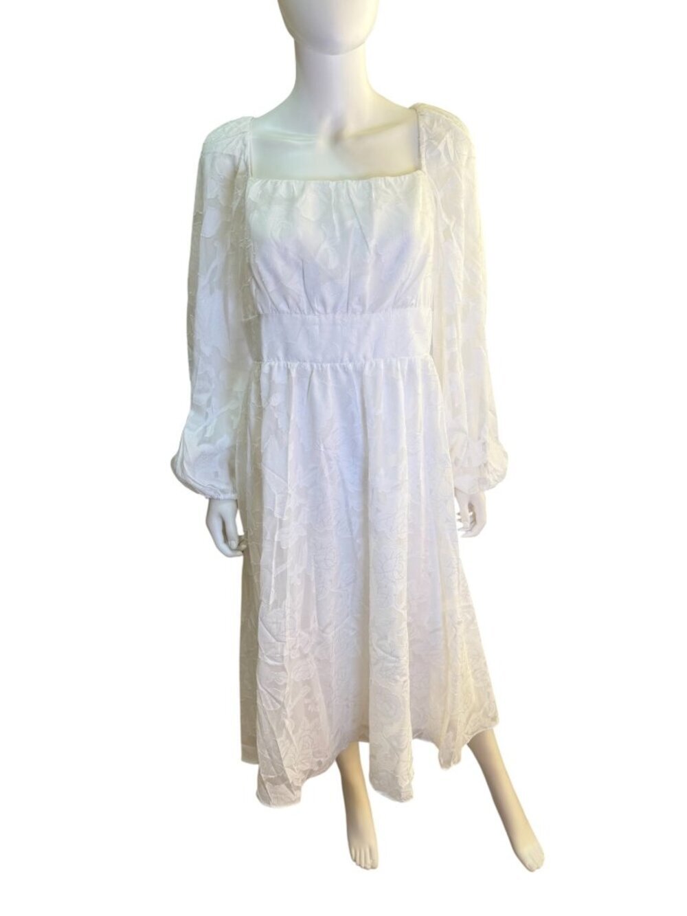 JJS House Floral Jacquard Square Neck Long Sleeve Midi White Bridal Dress XXL